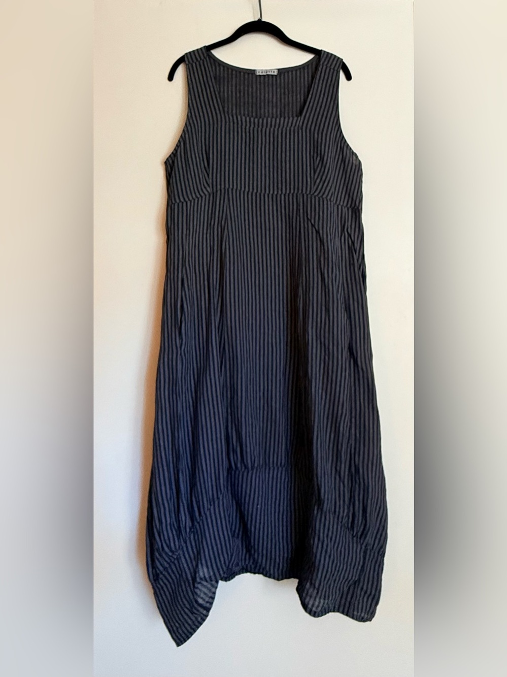 100% Linen. Sleeveless Gray and Black Pinstripe Midi Dress